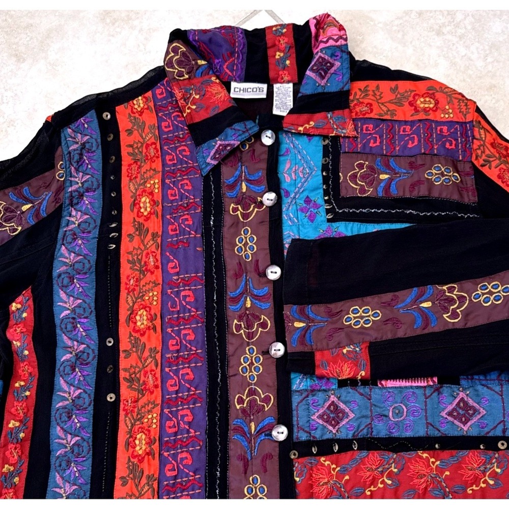 Chicos Patchwork Embroidered Button Front Jacket Multi Color Boho Size 2 - Picture 3 of 10